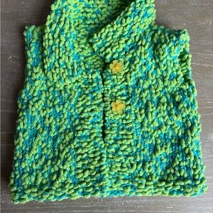Handmade Chunky Knit Vest – Green & Teal – Flower Button Detail